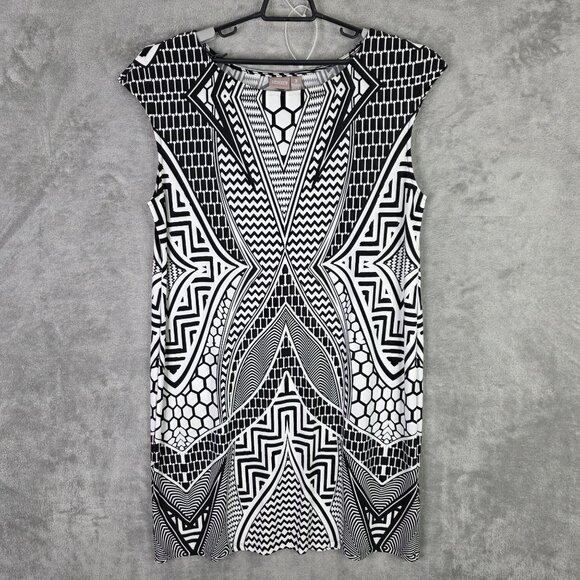 Womens Chicos Black & White Geometric Dress Cap Sleeve Polyester Blend Stretch 3 - Picture 2 of 8